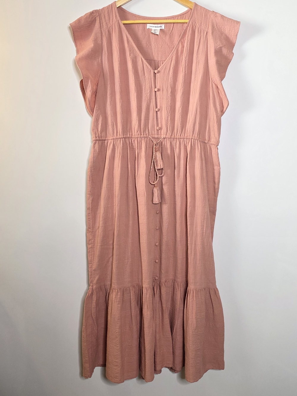 Lucky Brand 100% Cotton Drawstring Pink Button-Front tiered Midi Dress Size La